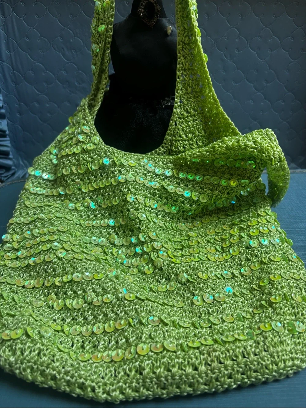 Green Sequin Crochet Shoulder Bag - Unbranded